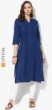 Sangria Navy Blue Soid Textured Band Collar Straight Fit Kurta With Pintuck Detail Full Button Placket And 3/4th Sleeves women