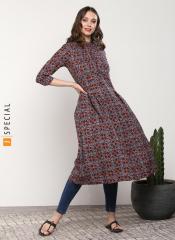Sangria Printed Band Collar A Line Kurta With 3/4Th Sleeves women