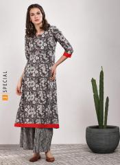 Sangria Printed Round Neck Flared Kurta With Three Quarter Sleeves Teamed Up Striped Flared Palazzo women