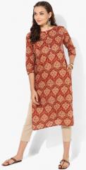 Sangria Printed Round Neck Straight Fit Kurta With 3/4th Sleeves women