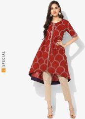 Sangria Round Neck Elbow Sleeve Printed Tunic With Embroidered Front Placket And Hi Low Hem Detail women