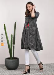 Sangria Round Neck Elbow Sleeves Printed Tunic With Embroidered Neck Detail women
