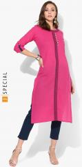 Sangria Round Neck Jacquard Straight Fit Kurta With 3/4th Sleeves women