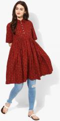 Sangria Shirt Collar Original Dabu Print Flared Tunic With With Elbow Sleeves And Front Placket women
