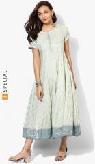 Sangria Silver Foil Printed Round Neck Anarkali With Short Sleeves And Embroidery Detail women