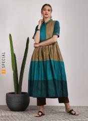 Sangria Teal Colourblocked Fit and Flare Dress women