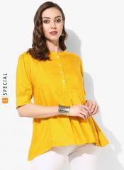 Sangria Yellow Solid Mandarin Collar Tops With Elbow Cuff Sleeves women