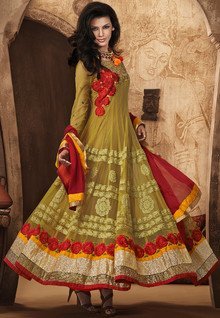 Sattika Net Yellow Embroidered Dress Material women