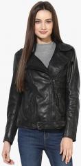 Strop Black Solid Leather Jacket women