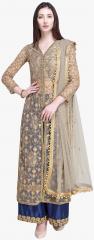 Stylee Lifestyle Beige & Gold Embroidered Net Semi Stitched Dress Material women