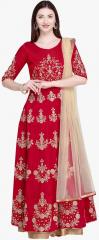 Stylee Lifestyle Maroon & Gold Embroidered Raw Silk Semi Stitched Dress Material women