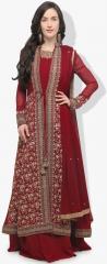 Stylee Lifestyle Red Embroidered Poly Georgette Semi Stitched Dress Material women