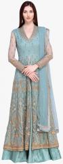 Stylee Lifestyle Turquoise Blue & Gold Embroidered Net Semi Stitched Dress Material women