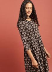 Taavi Black & Grey Hand Block Print A Line Midi Dress With Gathers women