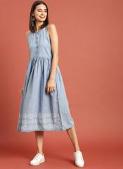 Taavi Blue Hand Block Print Legacy Chambray A Line Dress With Gathers women