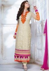 Touch Trends Cream Embroidered Dress Material women