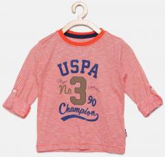 U S Polo Assn Kids Coral Orange Striped Round Neck T Shirt boys