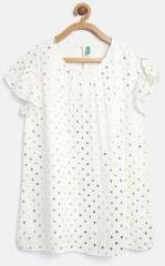 United Colors of Benetton Girls Off White & Gold Toned Polka Dot Print A Line Top
