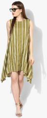 United Colors Of Benetton Olive Green & Off White Striped A Line Dress women