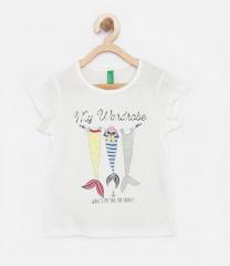 United Colors Of Benetton White Printed Round Neck T Shirt girls
