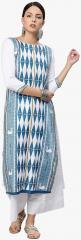 Vaamsi White & Blue Printed Straight Kurta women