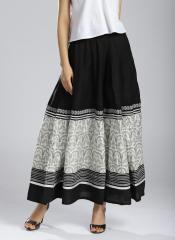 W Black & Off White Printed Flared Maxi Skirt women