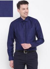 Wills Lifestyle Navy Blue Textured Slim Fit Formal Shirt men