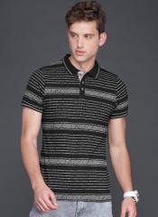 Wrogn Black & Grey Slim Fit Striped Polo Collar T Shirt men