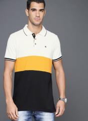 Wrogn Off White & Black Slim Fit Colourblocked Polo Collar T Shirt men