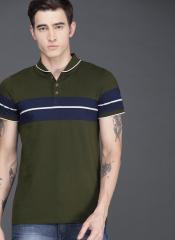 Wrogn Olive Green Striped Polo Collar T shirt men