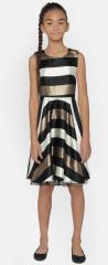 Yk Black & Beige Striped Fit and Flare Dress girls