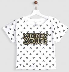 Yk Disney White & Black Printed Round Neck T Shirt girls
