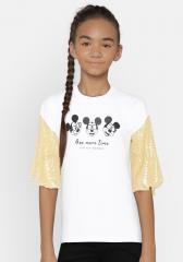 Yk Disney White & Yellow Colourblocked Printed Top girls