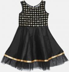 YK Girls Black Embroidered Fit & Flare Dress