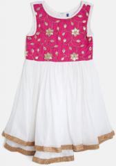 YK Girls White & Pink Embellished Net Fit & Flare Dress