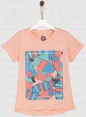 Yk Peach Printed Round Neck T shirt girls