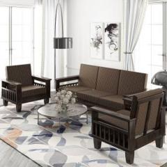 Allie Wood Sheesham Wood Sofa Set With 6 Wall Shelves Fabric 3 + 1 + 1 Sofa Set