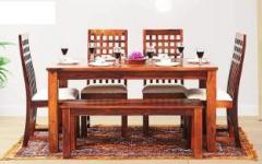 Custom Decor Solid Wood Dining Table Set Natural Teak Finish with Bench Solid Wood 6 Seater Dining Set