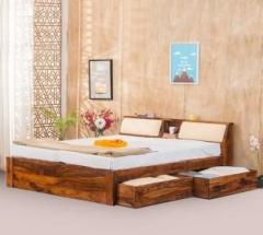 Devki Interiors Aura Queen Size Bed with Storage Headboard & 2 Side Drawers Double Wooden Bed Solid Wood Queen Box, Drawer Bed