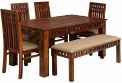 Divine Arts Sheesham Wood 6 Seater Dining Table Set with 6 Chair & 1 Bench with Base Cushion Solid Wood 6 Seater Dining Set