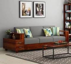 Douceur Furnitures Solid Sheesham Wood 3 Seater With Storage Sofa For Living, Waiting Room / Office Fabric 3 Seater Sofa