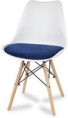 Finch Fox Eames Replica Nordan DSW Stylish Modern Plastic Dining Chair on Beech Wooden Legs with White Shell & Blue Velvet Fabric Cushion Color Plastic Dining Chair