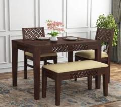 Lizzawood Premium Furniture Dining Set CNC Cutting 2 chair 1 Bench Solid Wood 4 Seater Dining Set