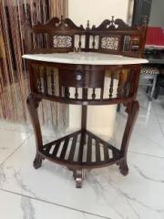 Qa Antique Handicraft Look Traditional Corner Console Table Solid Teak Wood with Marble Top Solid Wood Corner Table