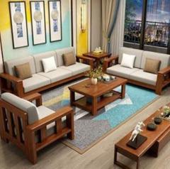 Saamenia Furnitures Solid Wood Sheesham Wood Six Seater Sofa Set For Living Room & Office Fabric 3 + 2 + 1 Sofa Set