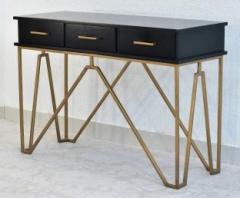 Samdecors 3 Drawer Hall Table Black with Golden Finish Iron Frame Solid Wood Console Table