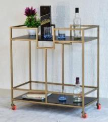 Samdecors Solid Wood Kelly Multipurpose Bar Trolley with Wheels with Two Shelves in Black Finish and Iron Frame in Golden Finish Solid Wood Bar Trolley