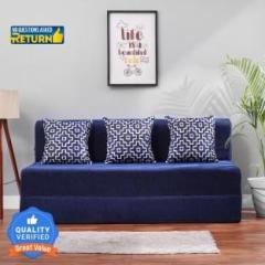 Solis Primus comfort for all for 3 Person Chenille Fabric Washable Cover with 3 Cushion Blue 3 Seater Double Foam Fold Out Sofa Cum Bed