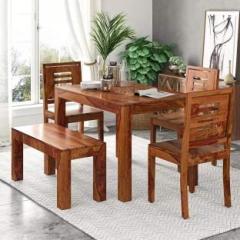 Worldwood Sheesham Wood Dining Table with 3 Chairs 1 Bench | 4 Seater Dining Set | Wooden Dining Table with Chair | Dining Room Furniture | Finish Color ; Honey Finish Solid Wood 4 Seater Dining Set