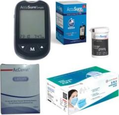Accusure Glucometer with 100Strips, 100Accuvet Lancets, 50 Atomshield 3ply mask| Glucometer